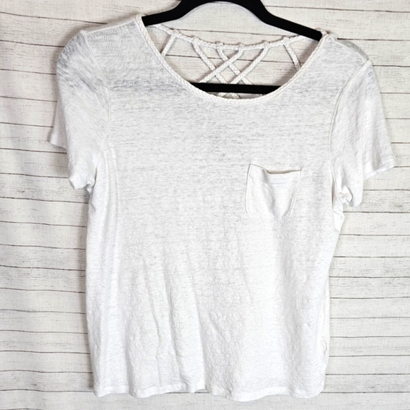 Boden 100% Linen Corded Cutout White Short Sleeve Top with Pocket - Picture 3 of 10